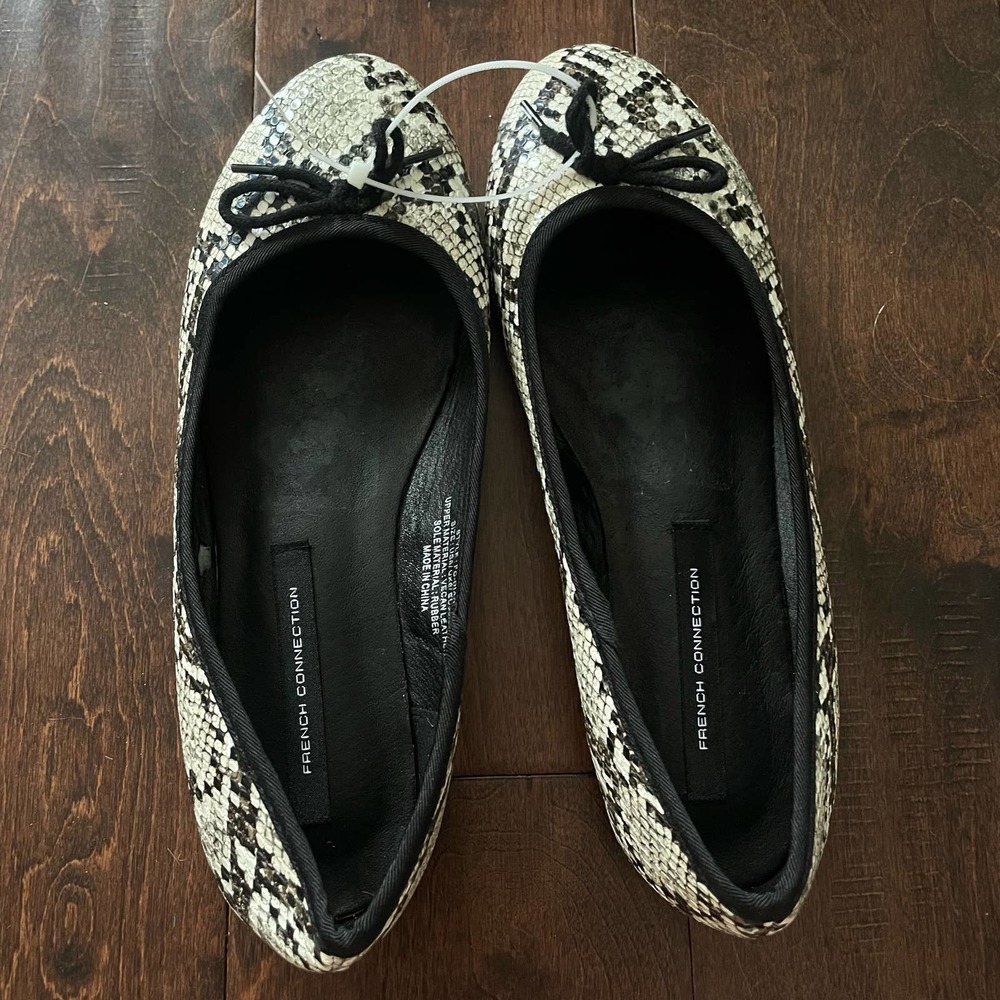 new french connection black reptile snakeskin vegan leather ballet flats size 8
